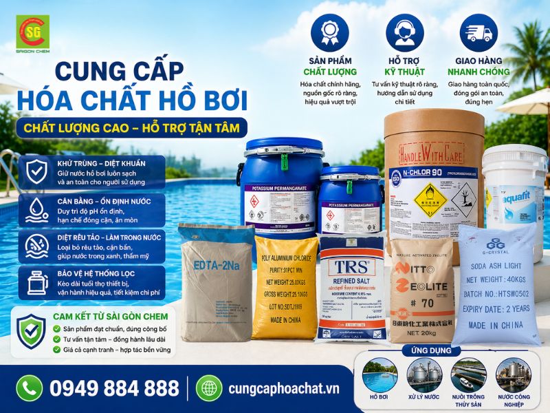 S&agrave;i G&ograve;n Chem cung cấp h&oacute;a chất hồ bơi chất lượng cao, hỗ trợ kỹ thuật r&otilde; r&agrave;ng