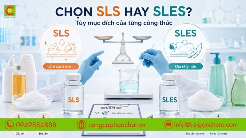 Lựa chọn SLS hoặc SLES t&ugrave;y theo mục đ&iacute;ch v&agrave; y&ecirc;u cầu của từng c&ocirc;ng thức.