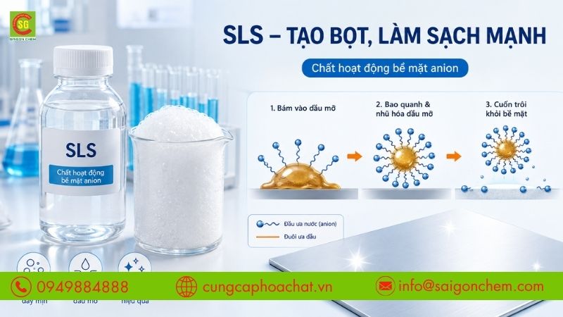 SLS l&agrave; chất hoạt động bề mặt anion c&oacute; khả năng tạo bọt v&agrave; l&agrave;m sạch mạnh
