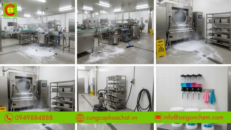 Chlorine khử tr&ugrave;ng thiết bị v&agrave; bề mặt sản xuất