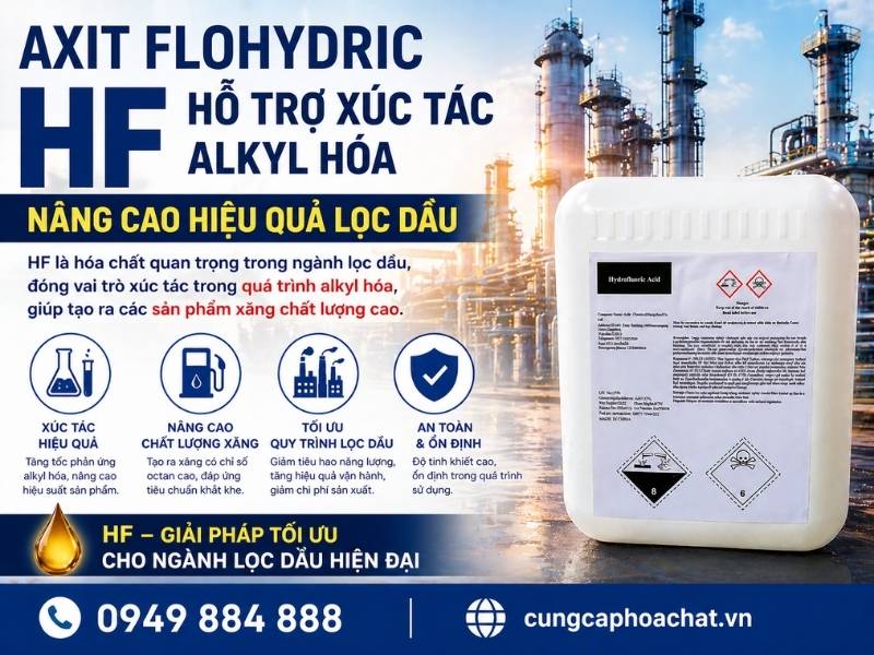 Axit Flohydric HF hỗ trợ x&uacute;c t&aacute;c alkyl h&oacute;a v&agrave; n&acirc;ng cao hiệu quả lọc dầu.