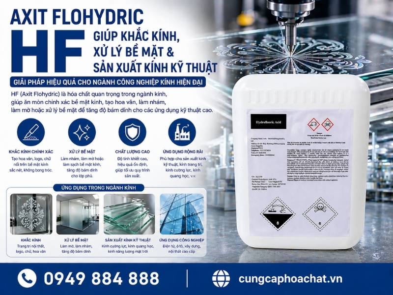 Axit Flohydric HF gi&uacute;p khắc k&iacute;nh, xử l&yacute; bề mặt v&agrave; sản xuất k&iacute;nh kỹ thuật. 