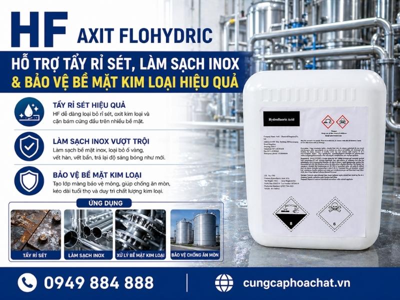 HF hỗ trợ tẩy rỉ s&eacute;t, l&agrave;m sạch inox v&agrave; bảo vệ bề mặt kim loại hiệu quả. 